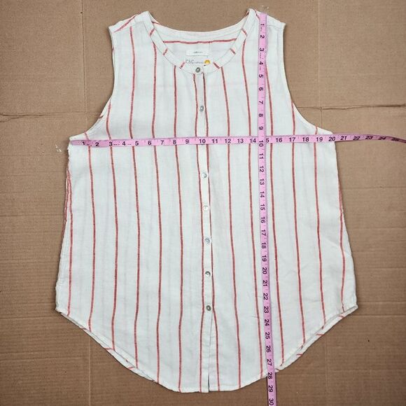 C&C California Top White Linen Red Stripes Sleeveless Button Up Shirt Blouse L - Picture 8 of 14